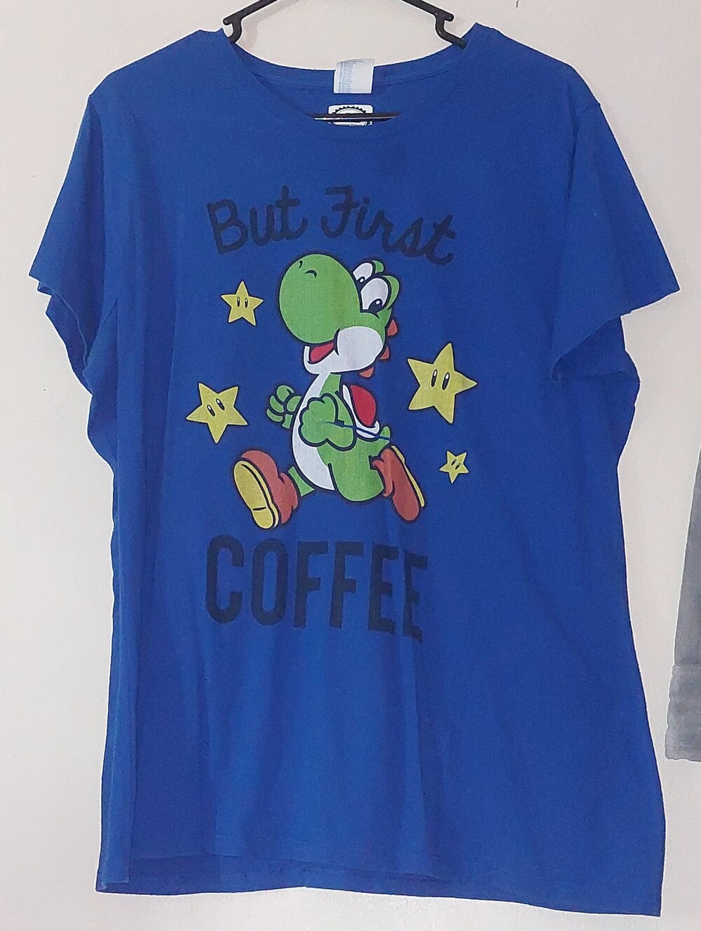 Licensed Nintendo Blue Graphic Tee with Green Yoshi Character But First, Coffee!